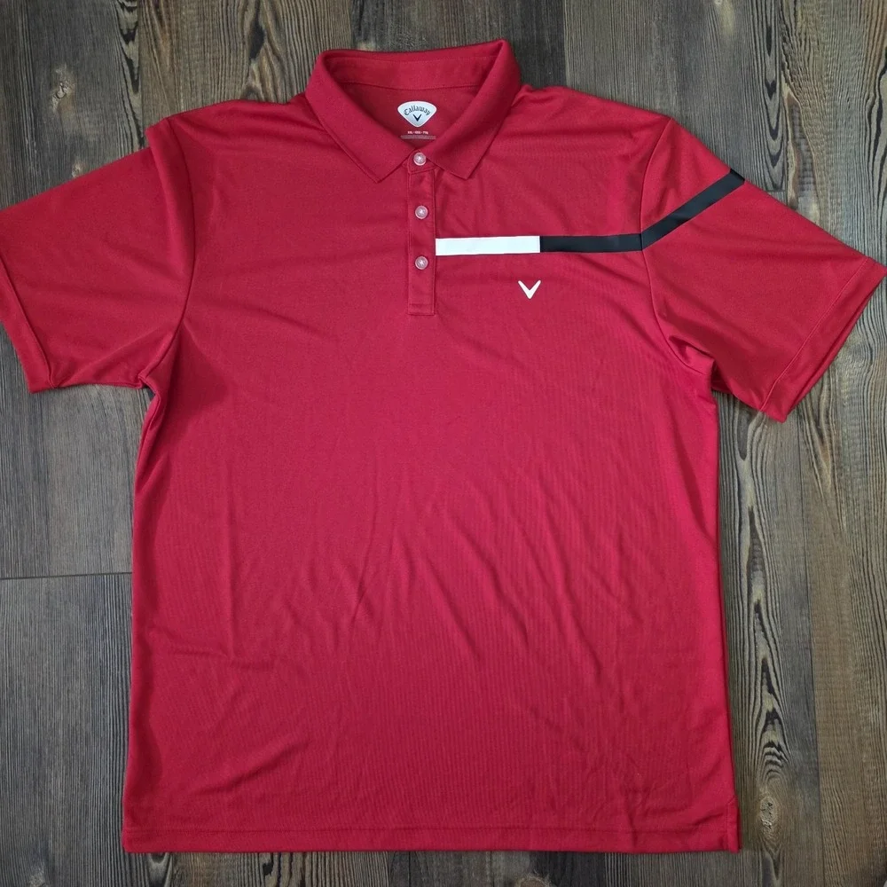 CALLAWAY Men's Golf Polo Shirt Size 2XL‎ Red / White Stripe Chest Short Sleeve
